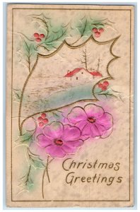 c1910's Christmas Greetings Holly Berries Flowers Airbrushed Embossed Postcard