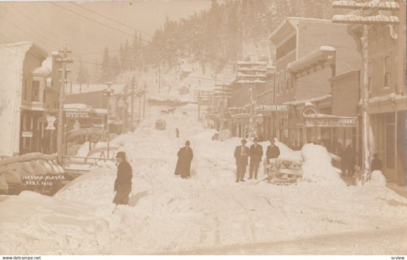 RP: CORDOVA , Alaska , 1910 ; Snow covered Main Street