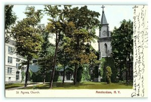 St. Agnes Church Amsterdam NY Ivy Trees Postcard Vintage Antique 