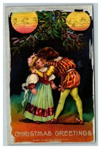 Vintage 1910's Christmas Postcard - Two Edwardian Children Kiss under Mistletoe