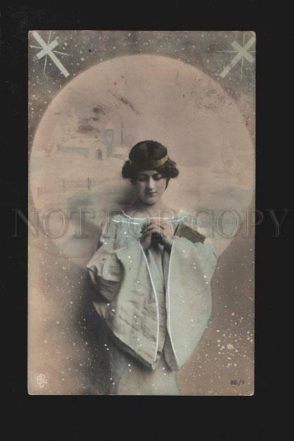 074173 PRAY of Young Lady as ANGEL Vintage PHOTO tinted