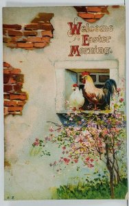 Easter Greeting Roosters in Window  Flowers 1911 Warren Ohio Postcard C17