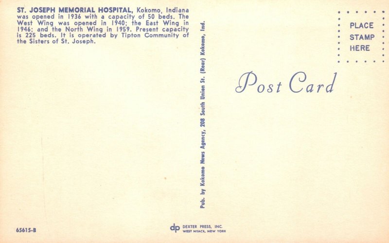 Vintage Postcard St. Joseph Memorial Hospital Medical Building Kokomo Indiana IN