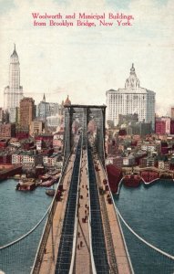 Vintage Postcard 1910's Woolworth & Municipal Building Brooklyn Bridge New York