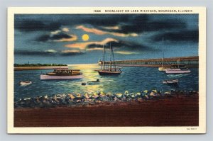 Waukegan IL Illinois Moonlight On Lake Michigan Postcard