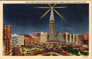 Cleveland OH-Ohio, Public Square, Union Terminal Tower At Night, Linen Postcard