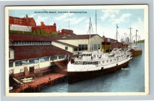 Tacoma WA, Municipal Dock, Boats, Vintage Washington Postcard