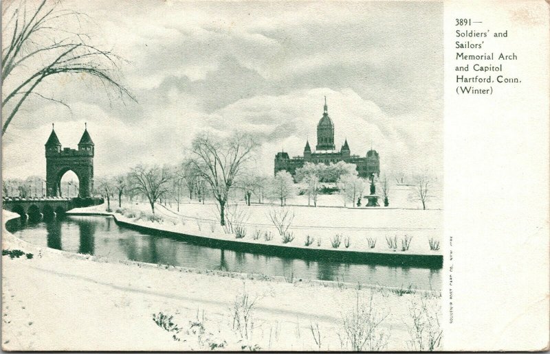 Vtg Hartford CT Soldiers & Sailors Memorial Arch & Capitol Winter 1900s Postcard