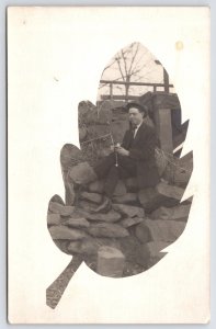 RPPC Novelty Leaf Mask~Cheerful Gent Checks Pocket Watch Under Bridge~Am I Late?