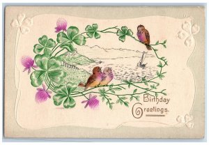 Sacramento CA Postcard Birthday Greetings Song Birds Clover Flowers Embossed