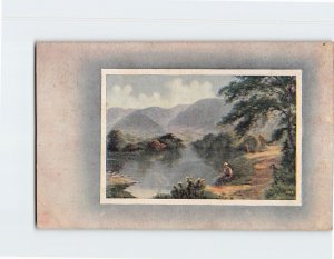 Postcard Man Sitting by the Lake Nature Scene Painting