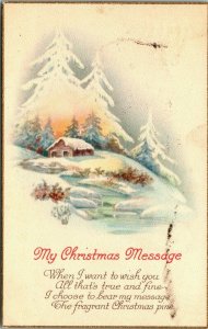 Vintage 1920's Winter Snow Cottage Cabin Creek Scene Christmas Message Postcard
