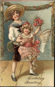 Birthday Little Boy Playing with Little Girl Gilt Embossed c1910 Postcard