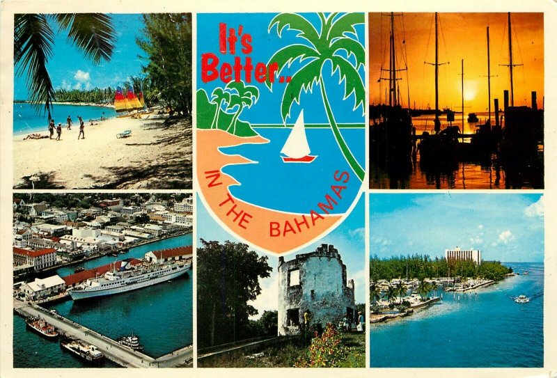 Docked Cruise Ship aerial view beach boats  Bahamas pm 1983 Postcard