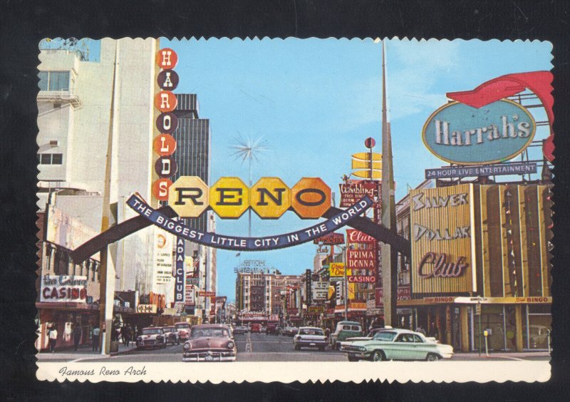 RENO NEVADA DOWNTOWN STREET SCENE OLD CARS STORES HARRAH'S POSTCARD