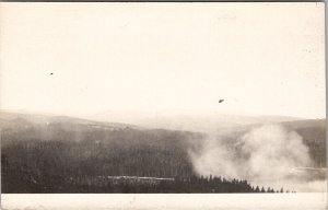 RPPC Big Horn Mountains Wyoming Fog Rising off Water & Log Structure Postcard X8