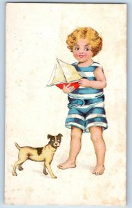 Boy With Sailboat Postcard Dog Puppy Tivoli Cafe San Francisco CA  Advertising