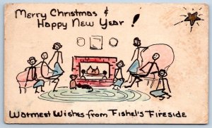 1957 HANDMADE CHRISTMAS POSTCARD FISHEL'S XMAS SEAL STICK FIGURES PEOPLE AMHERST