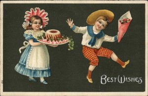 Best Wishes Little Girl with Funnel Cake Boy with Flowers Vintage Postcard