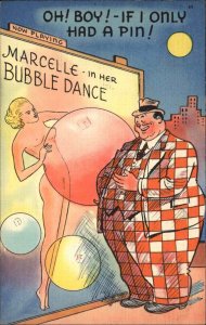 Fat Man Ogles Nude Bubble Dancer Risque Linen Vintage Postcard