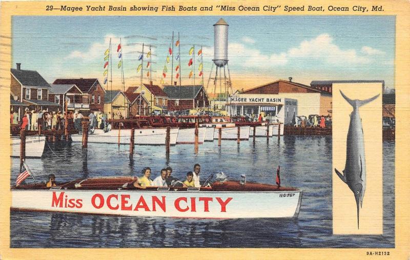 E30/ Ocean City Maryland Md Postcard Linen Magee Yacht Basin Fish Boats Miss