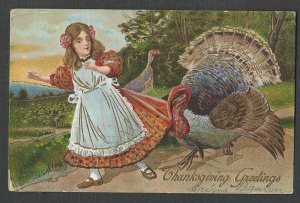 DATE 1913 PPC* VINTAGE THANKSGIVING GIRL FRIGHTENED BY ON COMING TURKEY SEE INFO