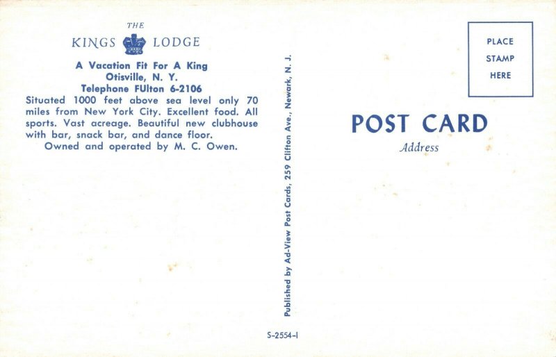 The Kings Lodge Otisville, N.Y. Advertising Postcard