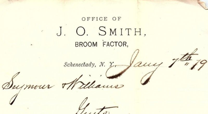 1879 SCHENECTADY NEW YORK J.O. SMITH BROOM FACTOR LETTER BILLHEAD Z4229