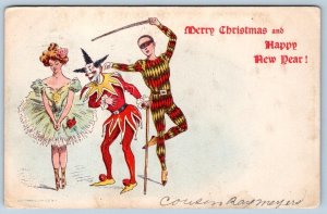 1908 J. OTTMANN CHRISTMAS NEW YEAR MASQUERADE JESTER CLOWN BALLERINA POSTCARD
