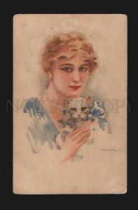 077278 Portrait of Lady & White KITTEN by USABAL vintage PC