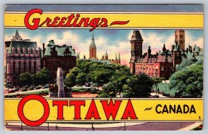 Greetings From Ottawa Canada, Vintage Linen Postcard, Large Letter