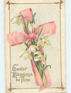 Pre-Linen easter religious JESUS CROSS MADE OF PINK RIBBON WITH FLOWERS HL1168