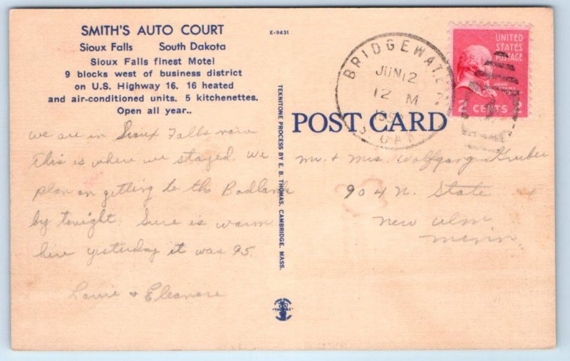 SIOUX FALLS, SD South Dakota~ Roadside SMITH'S AUTO COURT 1952 Linen Postcard
