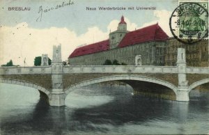 poland, WROCŁAW BRESLAU, Neue Werderbrücke mit Universität (1907) Postcard