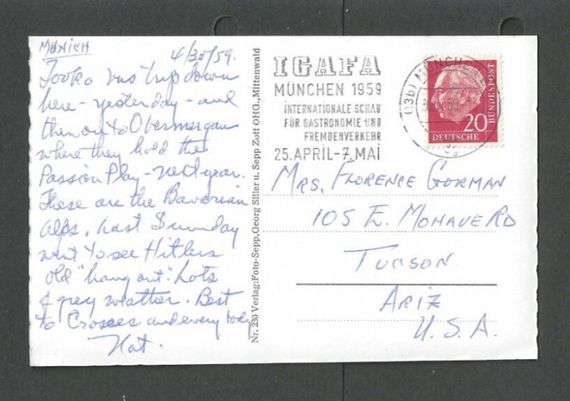1959 Real Photo Post Card Munich Germany W/Special Cancel Intl Gastronomy Show