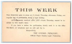 c1900's This Week The Mercury Goes Press Omaha Mercury Nebraska NE Postal Card