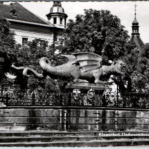 1950s Klagenfurt Austria Lindwurmbrunnen RPPC Postcard Dragon Fountain Carinthia