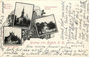 Multiview Postcard; Greetings from Redfield SD Spink County, Churches, Posted