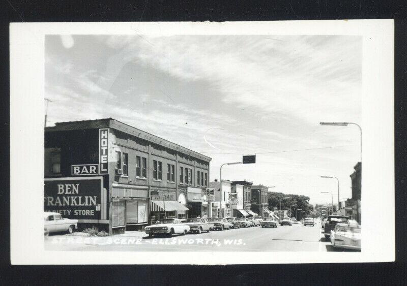 RPPC ELLSWORTH WISCONSIN DOWNTOWN STREET SCENE 1960's CARS REAL PHOTO POSTCARD