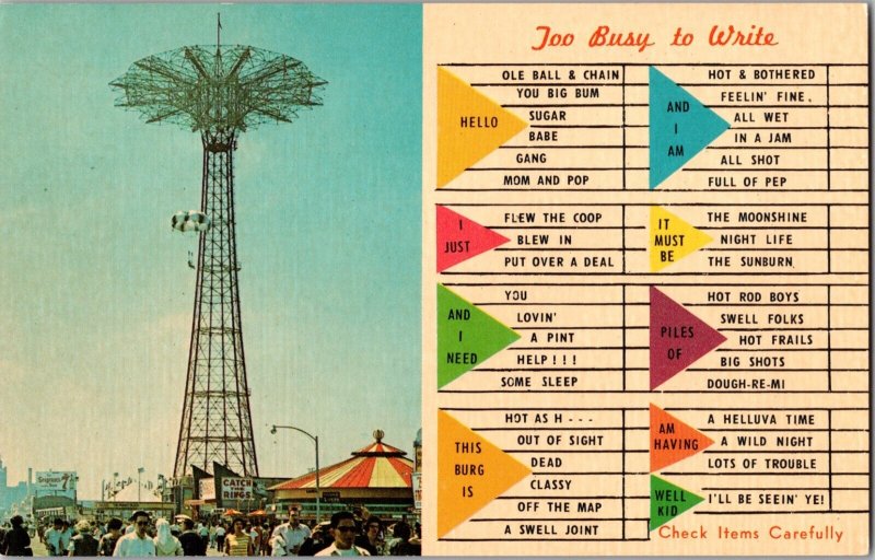 Vintage Busy Person Postcard Coney Island New York Parachute Jump JW14