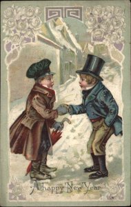New Year Little Boys Victorian Winter Fashions Embossed Border c1910 Postcard