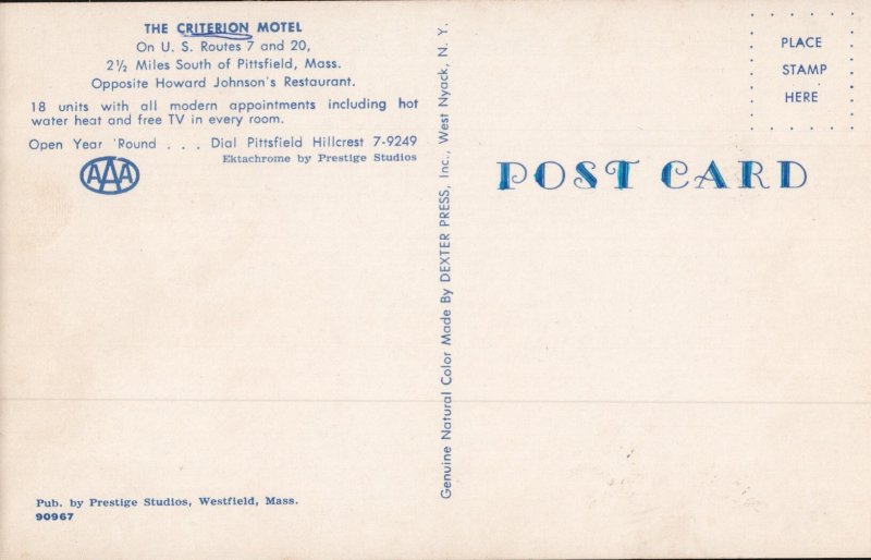 The Criterion Motel Pittsfield, Mass   PC