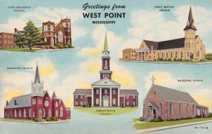 West Point Mississippi Greetings Churches Vintage Postcard AA38384