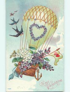 Divided-Back valentine BIRDS & FLOWERS IN HELIUM BALLOON BASKET r4218