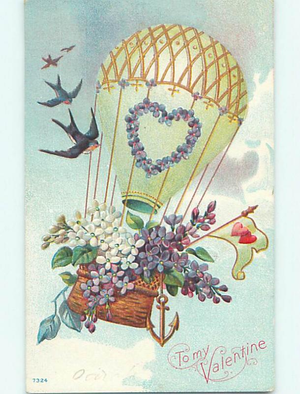 Divided-Back valentine BIRDS & FLOWERS IN HELIUM BALLOON BASKET r4218