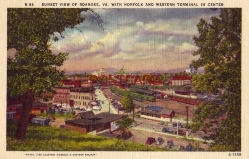 SUNSET VIEW OF ROANOKE, VA WITH NORFOLK AND WESTERN TERMINAL IN CENTER