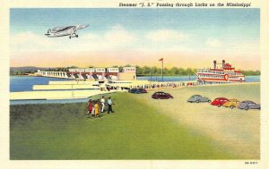 STEAMER SHIP JS In LOCKS~Mississippi River  AIRPLANE~CARS  c1940's Postcard