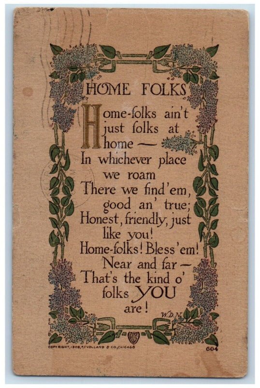 1909 Home Folks Poem Volland Arts Crafts Rochester New York NY Antique Postcard