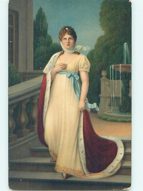 Pre-Linen art nouveau PRETTY WOMAN WEARING CAPE WALKING DOWN THE STEPS HL4773