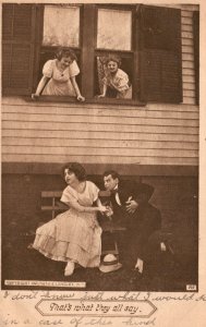 Vintage Postcard 1910's That's What They All Say Girls in Windows Couple Lovers